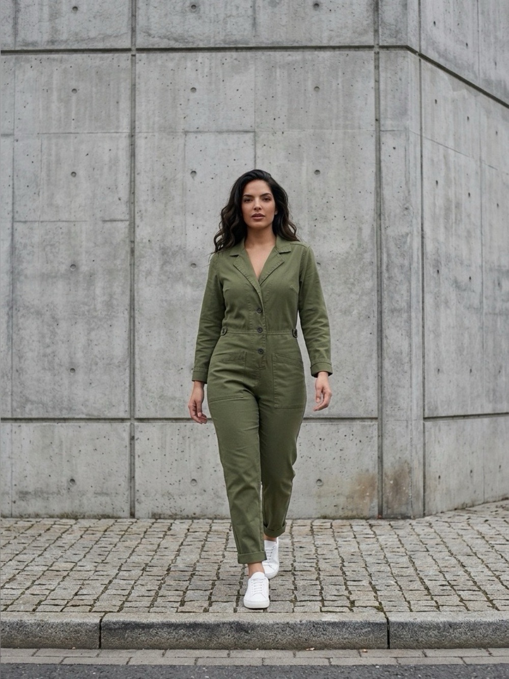 Velvet Olive Utility Button-Front Jumpsuit